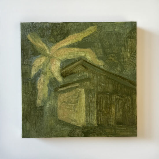 Cherub by the Old Shed, oil on panel, 6x6", 2024