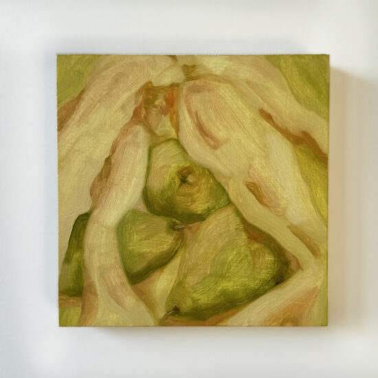 Cherub over Pears, oil on panel, 6x6", 2024